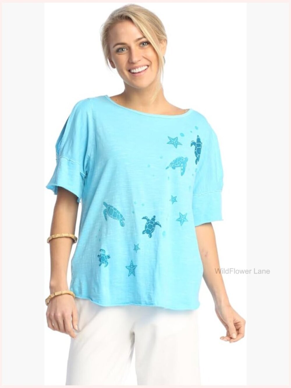 Cotton Slub Open Shoulder Weekend Top - Relaxed Fit Crew Neck Long Length